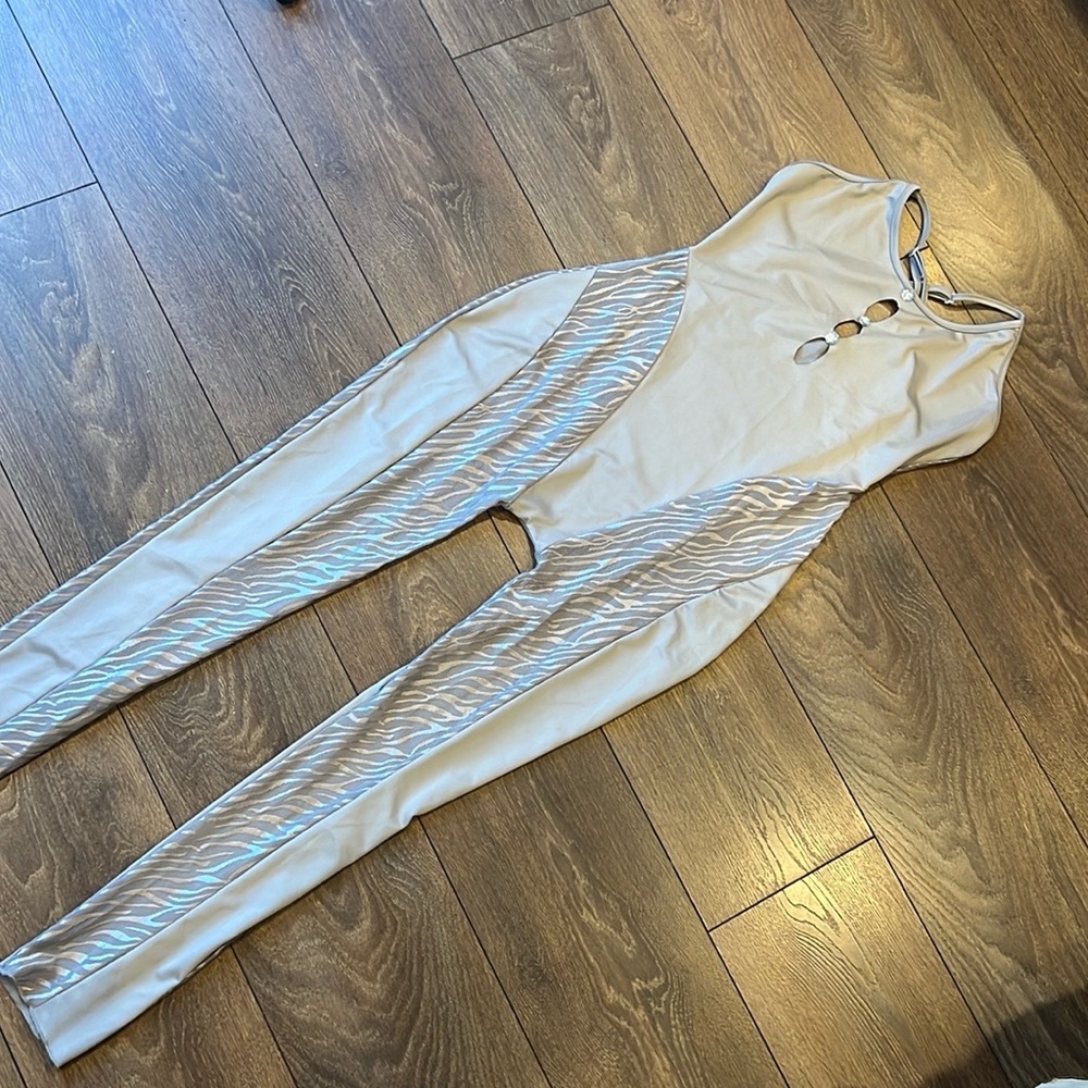 Sexy one piece full body grey/ silver jump suit outfit, cutouts, leopard print